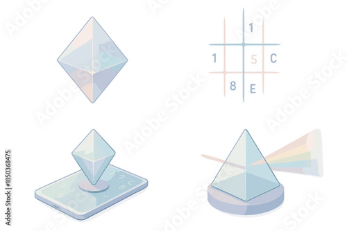Zenith Prism Icons. Isometric vector illustration set Zenith Prism Code: floating glass prism, light beam matrix, holographic