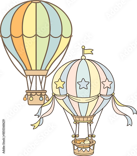 Colorful hot air balloons in a simple design with ribbons and stars in a bright and playful style