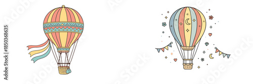 Colorful hot air balloons drift through the sky during a sunny day with clear blue skies and small clouds