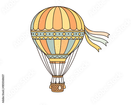 Colorful hot air balloon floats in clear sky during sunny day