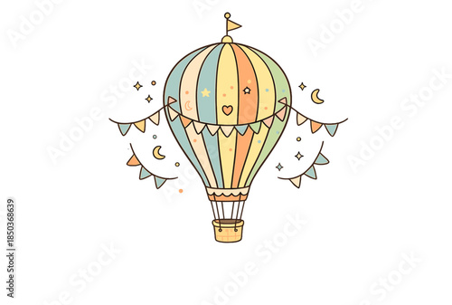 Colorful hot air balloon with decorations floating in the sky during daylight
