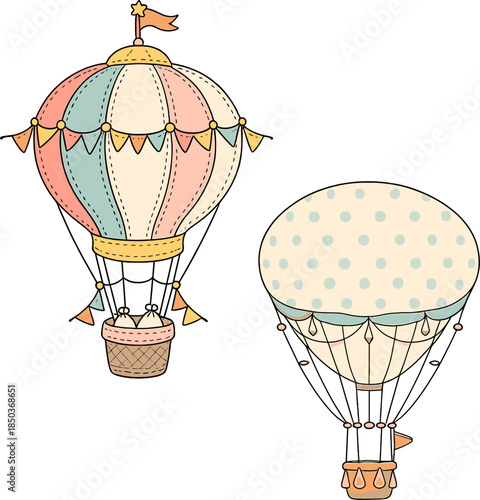 Two hot air balloons in simple design with colors and patterns floating in the sky during a sunny day
