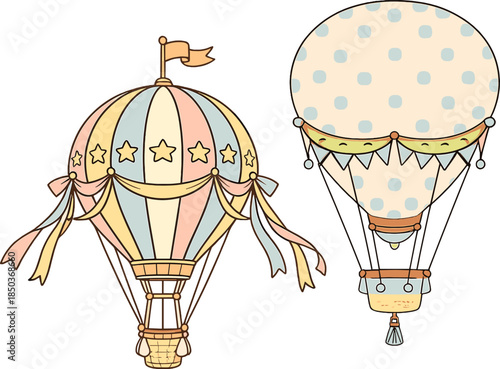 Colorful hot air balloons in a simple design with polka dots and stripes floating in a clear sky above a landscape of trees