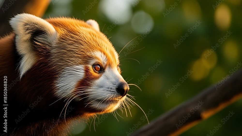 Fototapeta premium Close-up portrait of a red panda with bright eyes and soft fur, looking forward in soft sunlight