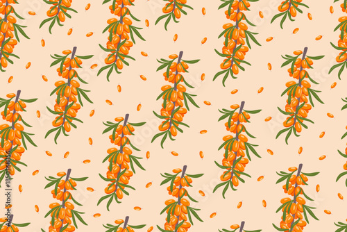 Seamless sea buckthorn pattern with orange berries and green leaves. Cartoon botanical background for organic food packaging.