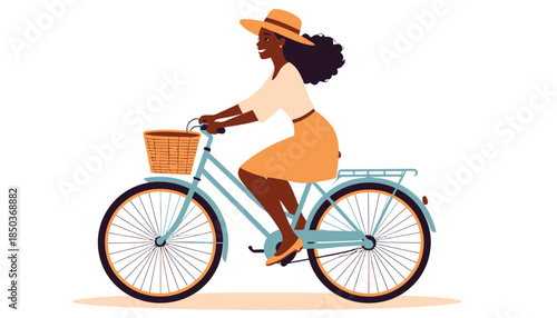 Woman Riding Bicycle with Basket on White Background.