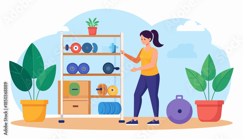 Woman choosing exercise equipment from a storage shelf in a home gym.