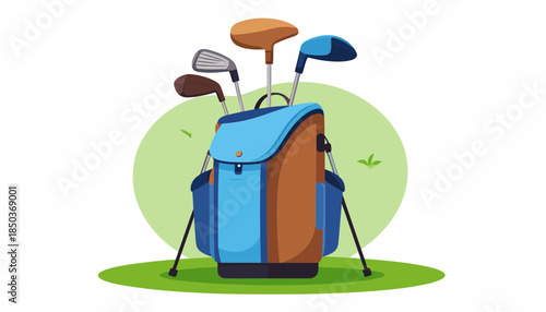 Golf bag with clubs on a green grassy surface.