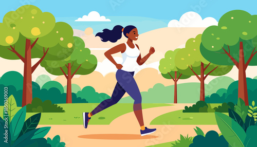 Woman Running in a Serene Park Landscape.