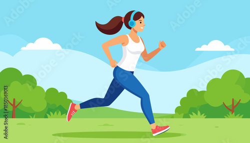 Woman Running in a Park with Headphones Enjoying Nature.