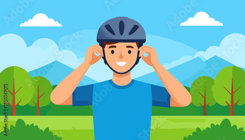 Man wearing a bicycle helmet outdoors in a serene landscape.