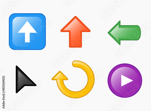 Set of colorful glossy arrow emoji icons. arrows, cursor, play, upload, and undo buttons.