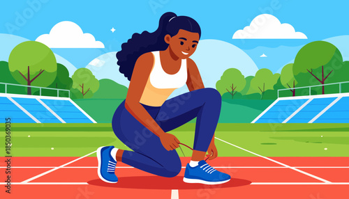 Woman athlete experiencing injury on a running track outdoors.