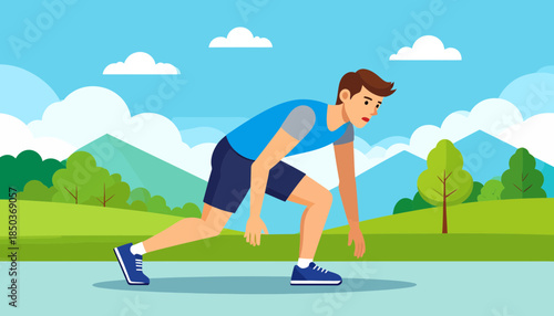 Young man stretching before running in a park on a sunny day.