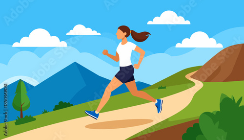 Woman jogging on a winding trail in a scenic landscape.