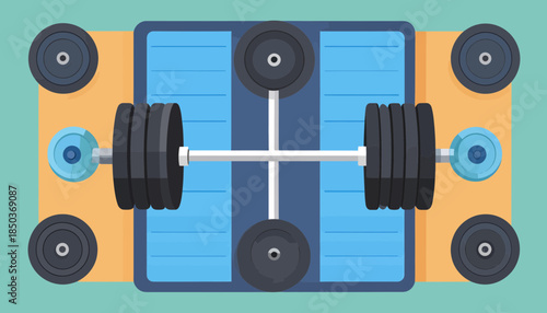 Flat lay illustration of gym fitness equipment: barbell, weight plates, and dumbbells on a blue mat for strength training.