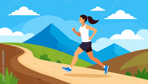 Healthy young woman running on a scenic trail in a mountain landscape, outdoor fitness and active lifestyle illustration