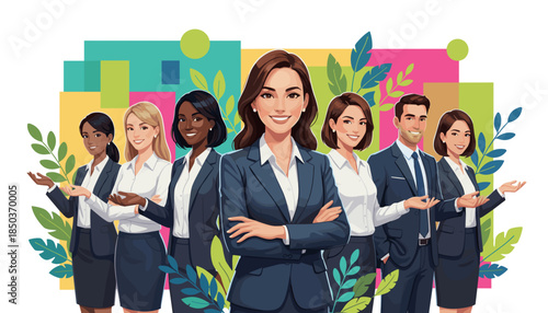 Diverse business team illustration showing leadership and presentation against a vibrant natural background