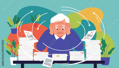 Overwhelmed senior man buried in piles of work and documents representing stress debt or bureaucracy