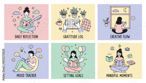 Cute vector set for mental health wellness and selfimprovement daily journaling goals and meditation