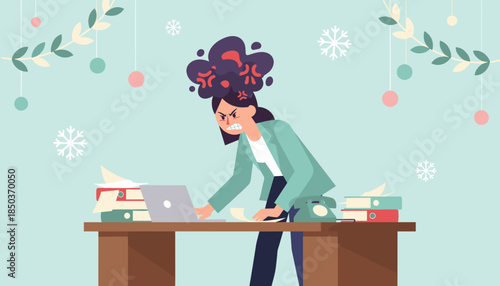 Angry employee working on laptop overwhelmed by holiday work stress and deadlines