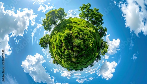 Green sphere with trees, tiny planet effect, against vibrant blue sky filled with fluffy white clouds, fisheye lens