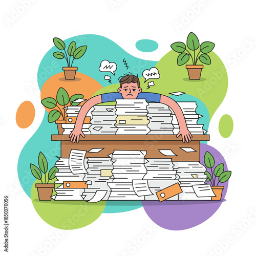 Stressed man overwhelmed by huge stacks of paperwork symbolizing heavy workload and office burnout