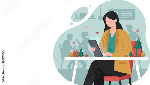 Businesswoman using a phone at a desk with Christmas gifts and trees Holiday shopping and technology concept