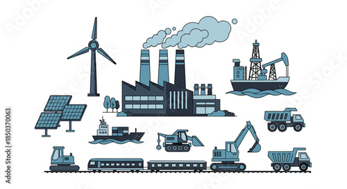 Industry and logistics concept illustration featuring manufacturing renewable energy transport infrastructure and construction vehicles