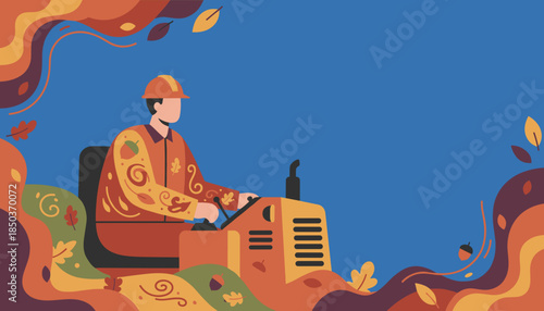 Man operating machinery during fall cleanup Autumnal nature illustration with copy space