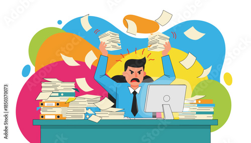 Stressed businessman overwhelmed by paperwork and excessive workload anger and burnout concept