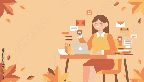 Happy professional working remotely in autumn setting managing business tasks