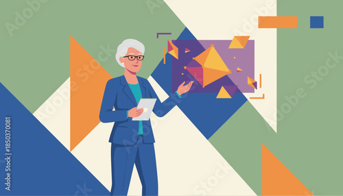 Senior businesswoman presents complex data visualization and abstract concepts using a digital tablet
