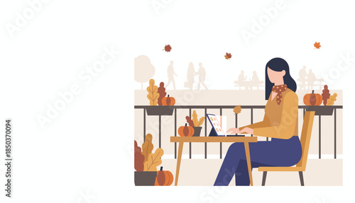 Woman works remotely on a tablet on an autumn balcony Freelance cozy fall lifestyle concept