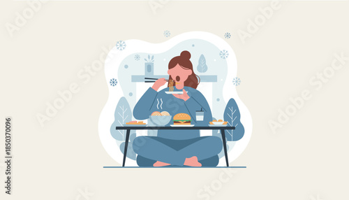 Cozy flat design illustration of a woman relaxing at home eating noodles burgers and comfort food