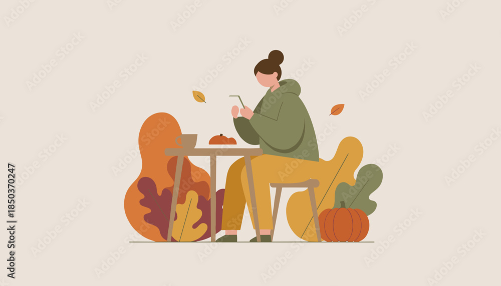 Fototapeta premium Woman uses smartphone at outdoor table enjoying coffee and leisure in a cozy autumn setting