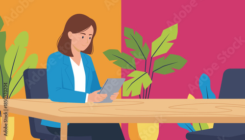 Professional woman in a blue blazer uses a tablet at a modern colorful office desk with large houseplants