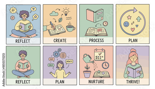 Illustrated personal growth cycle Reflect Create Process Plan Nurture Thrive Strategy and selfimprovement concept