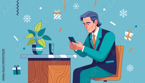 Professional man sending seasonal greetings on his mobile phone at a festive desk