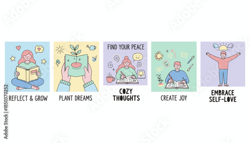 Pastel vector set illustrating wellbeing activities reflection nurturing growth finding peace creating joy and selflove