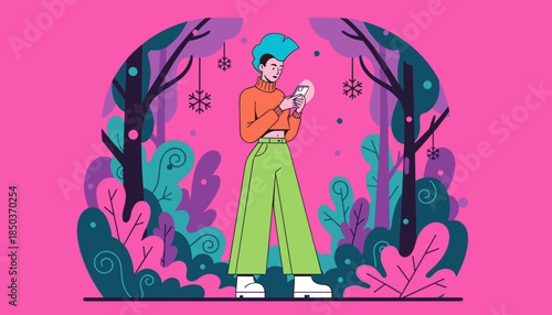 Stylish person scrolling on phone in a bright modern winter landscape