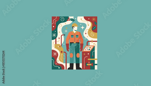 Christmas industrial worker illustration Engineer in uniform working at a factory during the winter holidays