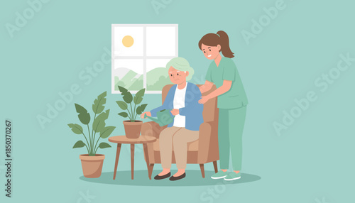 Professional caregiver helping senior woman water houseplant indoors Assisted living concept