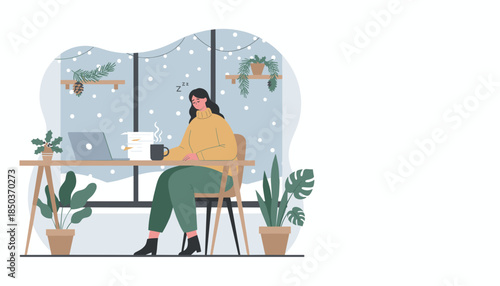 Exhausted woman sleeps at her home office desk during a snowy winter day Remote work burnout and cozy interior