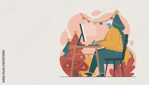 Senior person working remotely during the Christmas holidays using a tablet and computer