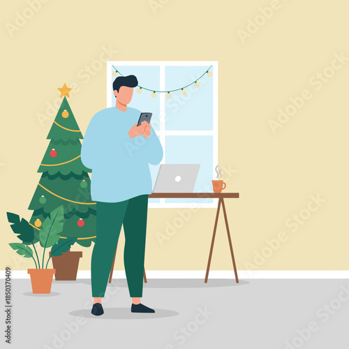 Festive remote worker using phone next to a decorated Christmas tree and laptop Holiday communication
