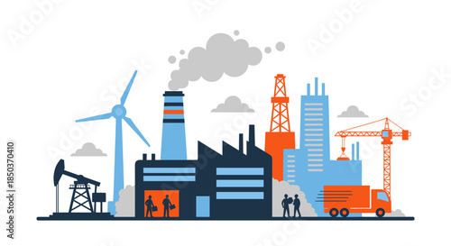 Industrial city illustration factory construction energy production oil and wind urban development and logistics