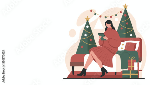 Woman relaxing on a couch using a tablet next to Christmas trees and gifts