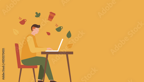 Man working on laptop at a table surrounded by autumn leaves and hot coffee cups Cozy remote work