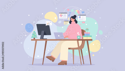 Remote worker managing data charts and holiday tasks during the festive winter season